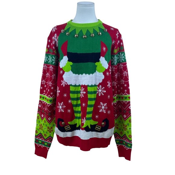 Off The Rack Mens Red & Green Acrylic Ugly Christmas Elf Sweater W/ Bells Sz M - Picture 1 of 8